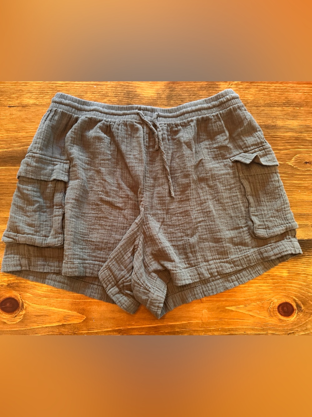 100% Cotton Dusty Olive Gray Gauze Shorts Elastic Waist Coastal Lounge Medium - Picture 8 of 8